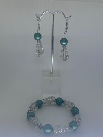 Fancy sliver bead with solid blue/green beads Earrings and bracelet 