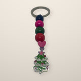 Christmas Tree & Pink Heart Keychain - beaded keychain with colorful beads and a charm on a silver key ring