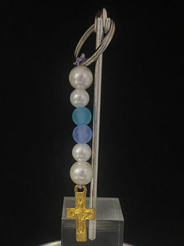 White, blue and dark purple pearl with dangling cross Keychain