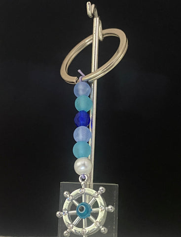 Light blue, dark purple, dark blue and white pearl with dangling keychain