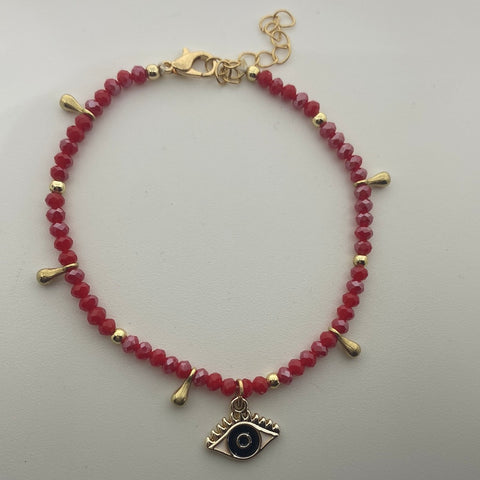Red small beads with dangling evil eye charm Ankle bracelet