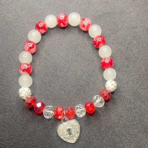 Red pearls with white with shiny lock heart Bracelet