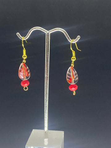 Red,Clear leaf with red bead Earrings