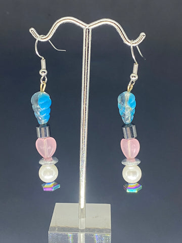 Pink, blue and black beads with magnetic pearls dangling earrings