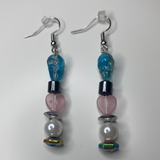 Pink, blue and black beads with magnetic pearls dangling earrings