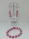 Pink and white earrings and bracelet