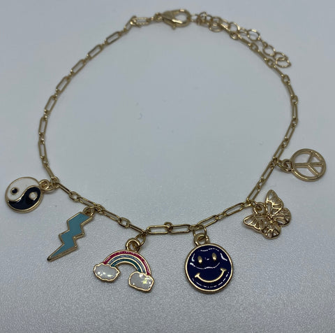  Stainless Gold Ankle Bracelet with Happy Face, Lightning Blot ,Butterfly ,Peace Sign ,Yin-Yang ,Rainbow dangling ankle bracelet